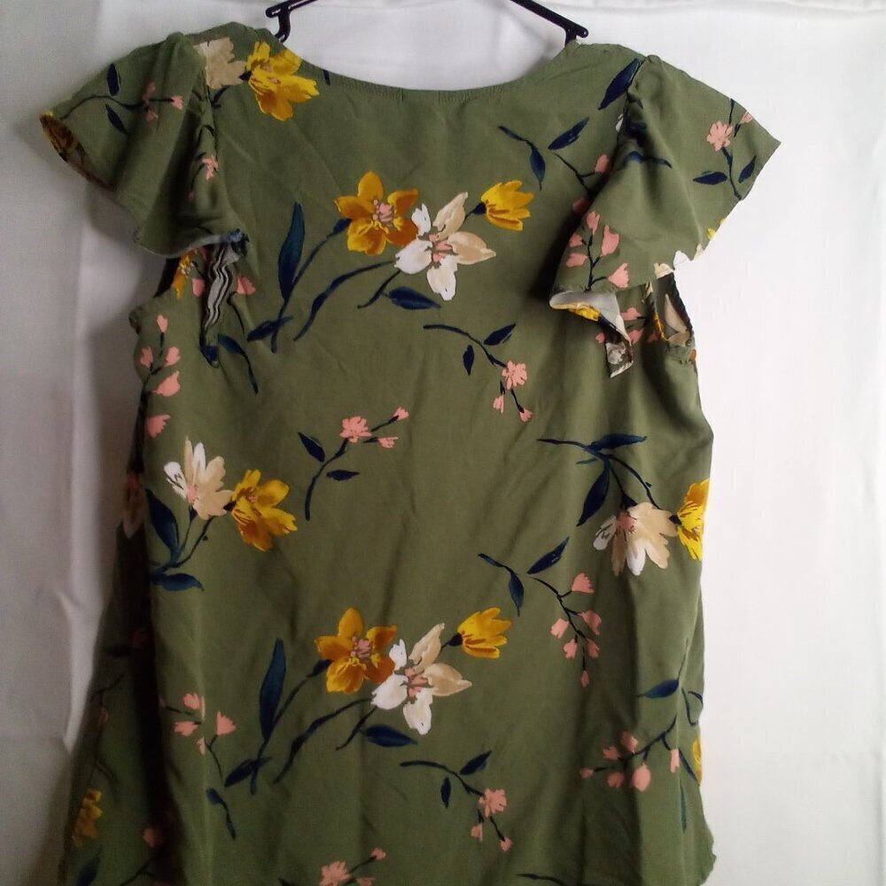 Old Navy Shirt Blouse Women S Short Sleeve Tropical Floral Green - Picture 10 of 14